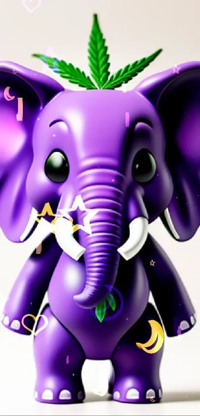 Purple cartoon elephant with cannabis leaf.