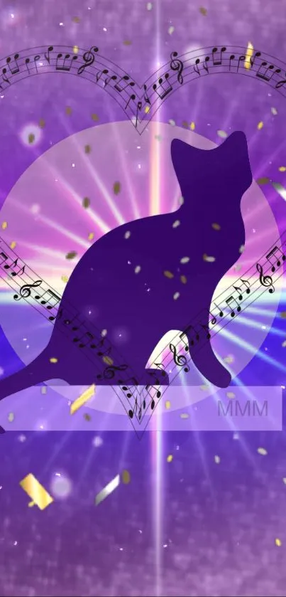 Purple wallpaper with cat silhouette and heart-shaped music notes.