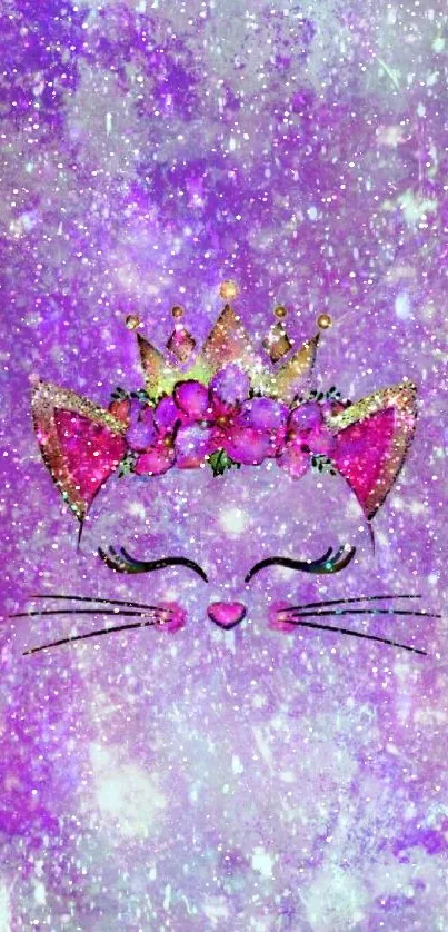 Purple cat with glittery crown and floral design.