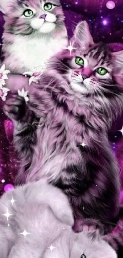 Three playful cats on a purple fantasy-themed mobile wallpaper.