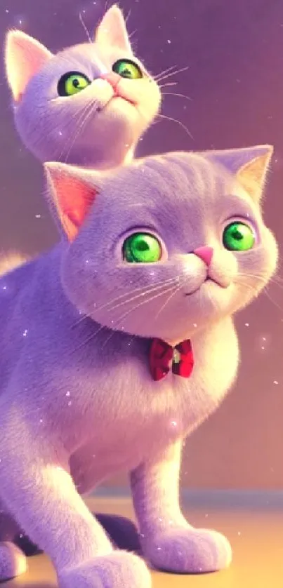 Adorable purple cats with green eyes in animated style.