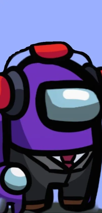 Purple cartoon character in a suit with headphones on blue background.