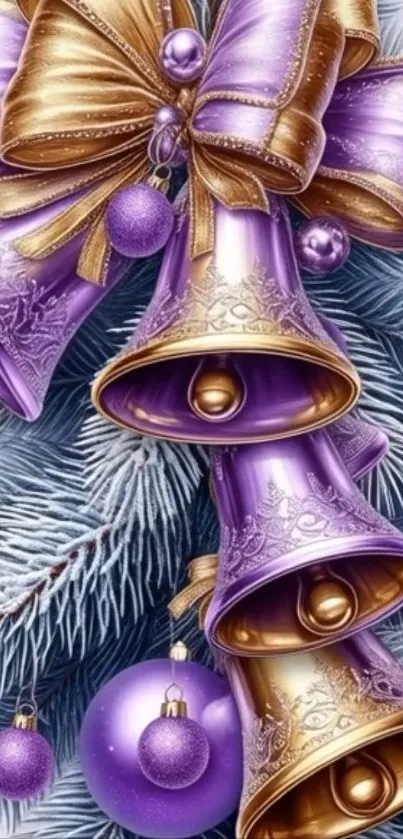 Purple and gold Christmas bells with festive decorations.