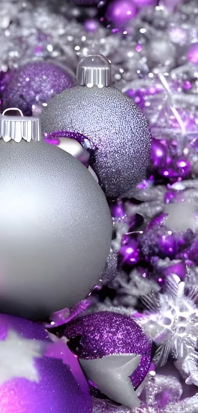 Purple and silver Christmas ornaments with a festive feel.