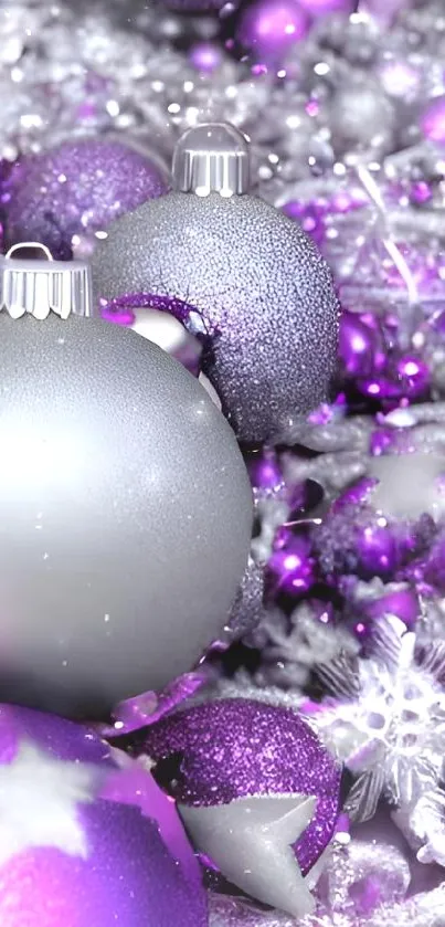 Vibrant purple and silver Christmas ornaments photo.