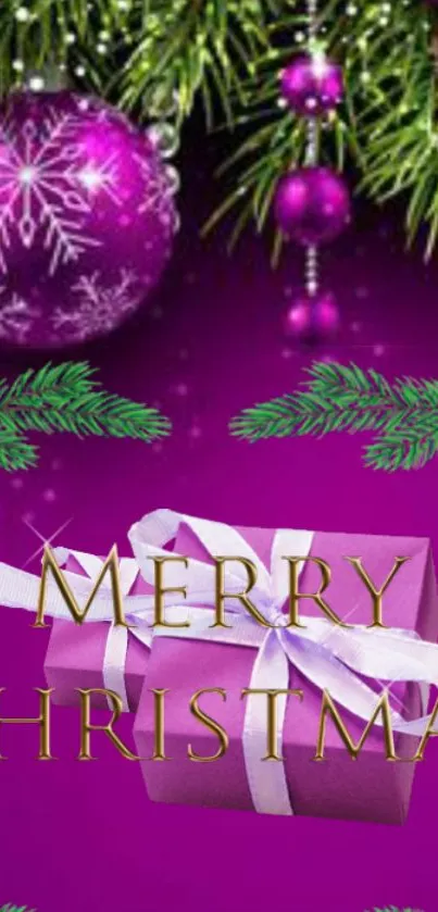 Purple Christmas wallpaper with decorations and gift box.