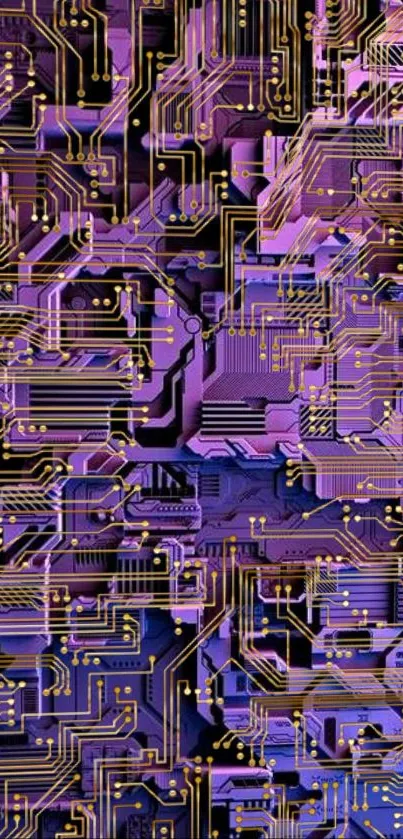 Purple circuit board design mobile wallpaper with golden elements.