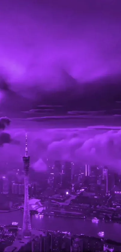 Stunning purple cityscape mobile wallpaper with skyline and clouds.