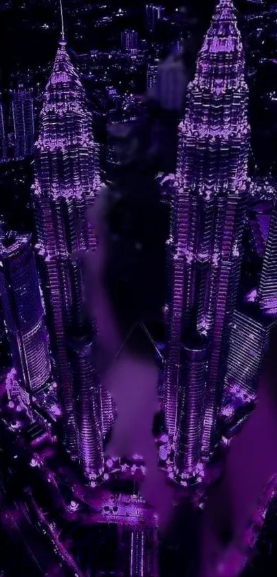 Vibrant purple city skyline with illuminated skyscrapers at night