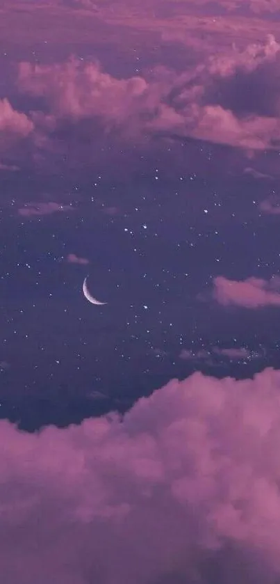 Purple night sky wallpaper with clouds and crescent moon.