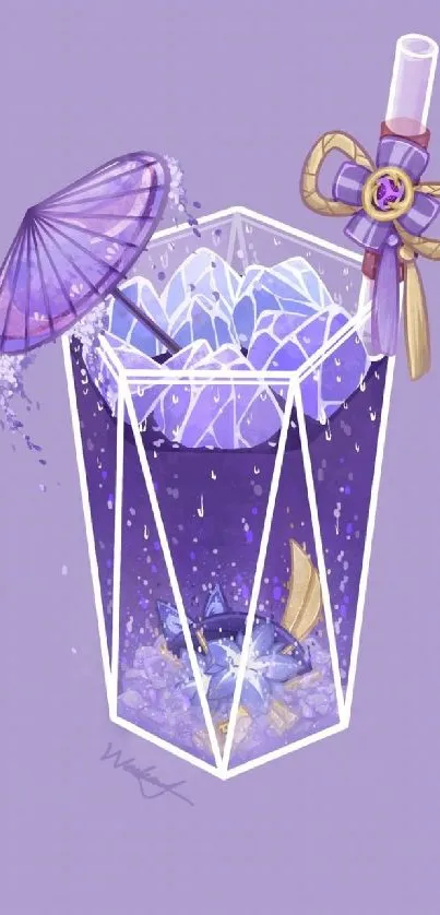 Purple cocktail art on lavender background with umbrella and straw.