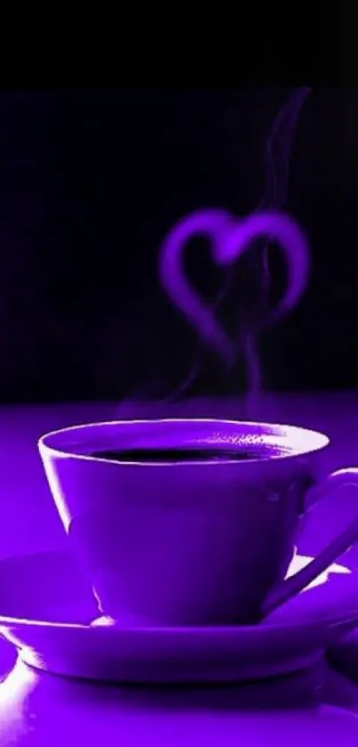 Vibrant heart-shaped steam in purple coffee cup.