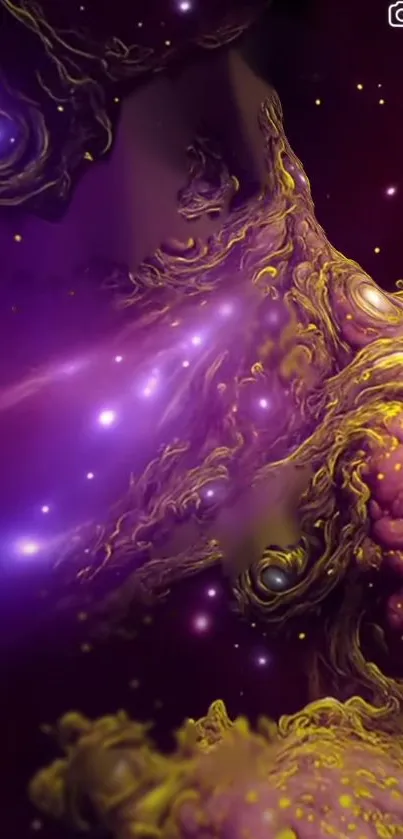 Abstract cosmic wallpaper with purple and gold swirling patterns.