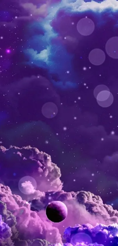 Purple cosmic wallpaper with clouds and stars.