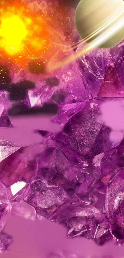 Vibrant purple crystals and a planet glowing in a cosmic fantasy scene.