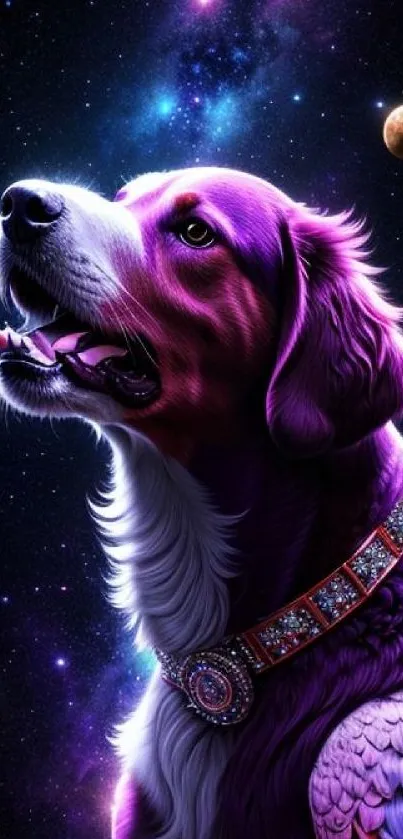 Fantasy dog in cosmic space with vibrant purple hues and planets.