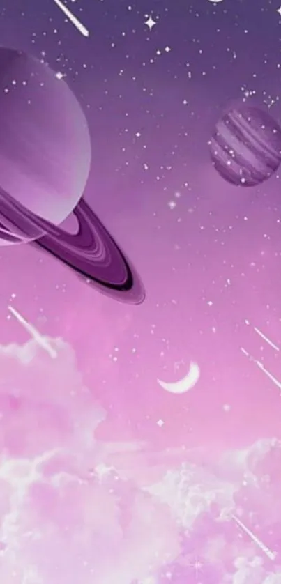 Purple space wallpaper with planets and stars, perfect for mobile screens.