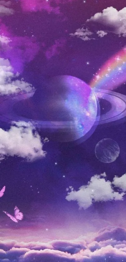 Purple cosmic dreamscape wallpaper with planets and butterflies.