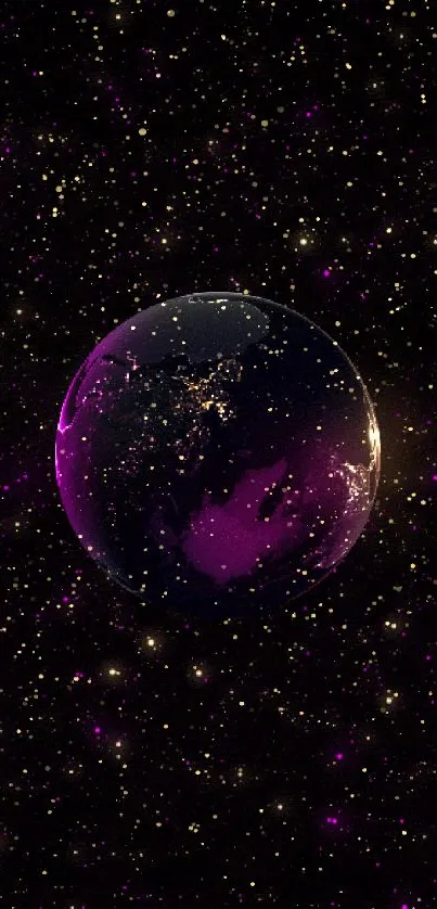 Purple cosmic Earth wallpaper with glowing stars and galaxy background.