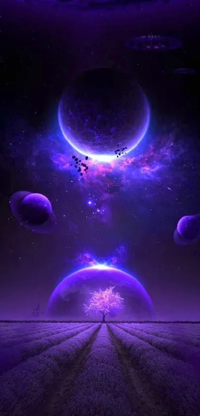 A purple cosmic fantasy with glowing planets and a mysterious celestial landscape.