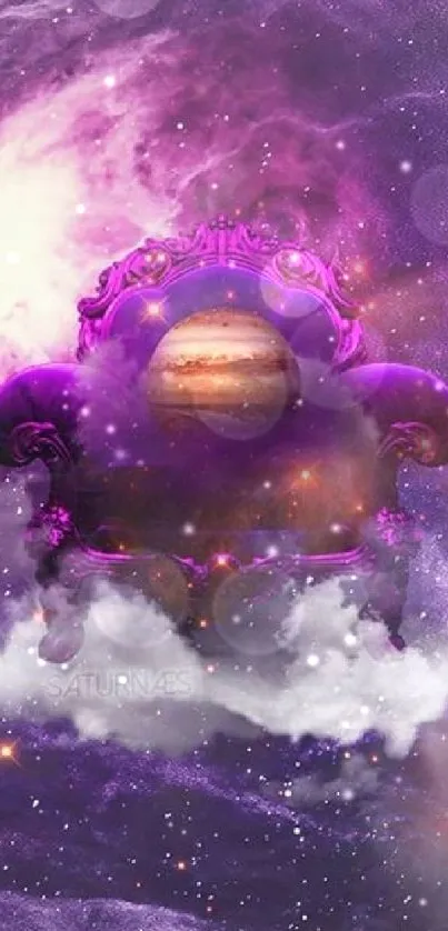 Purple cosmic chair floating in starry sky with clouds.