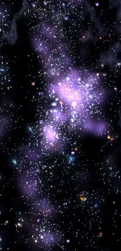 Purple galaxy wallpaper with stars and cosmic clouds.