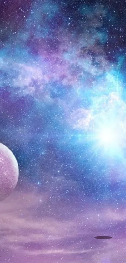 Purple cosmic galaxy wallpaper with stars and planet.