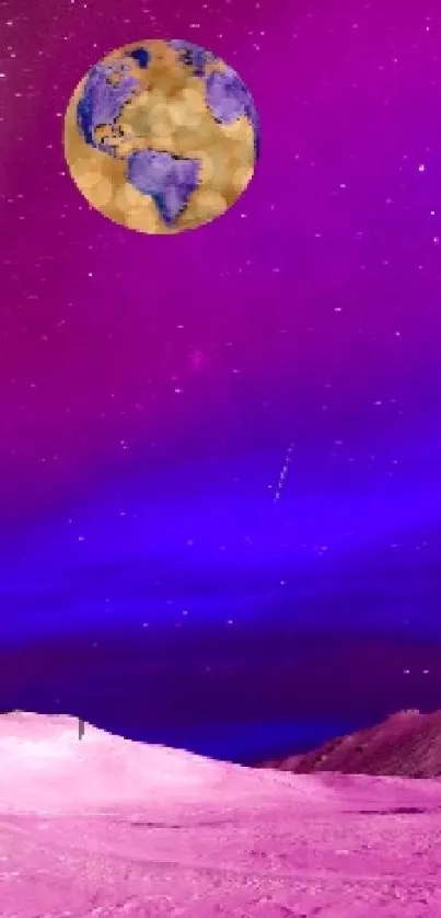 Purple cosmic landscape with planet and starry sky wallpaper.