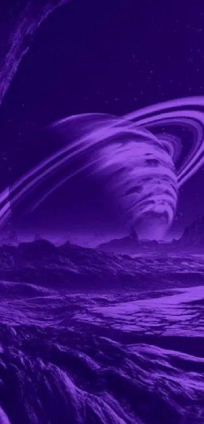 Purple cosmic landscape with ringed planet for mobile wallpaper.