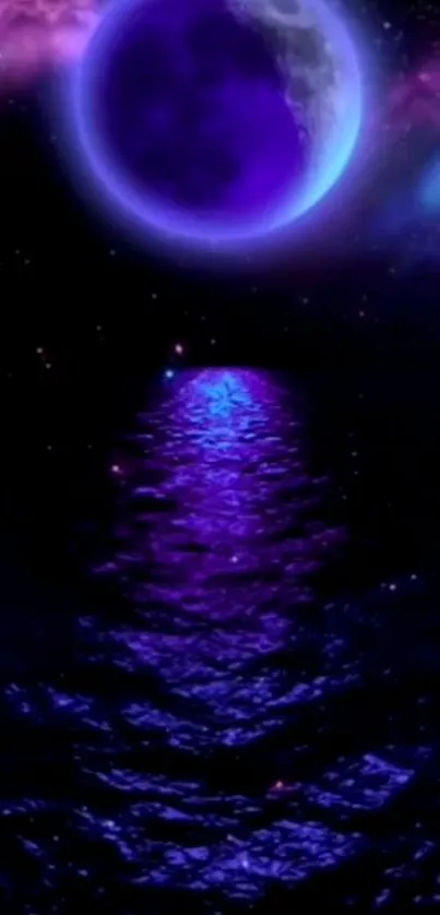 Purple cosmic ocean with celestial moon reflection.