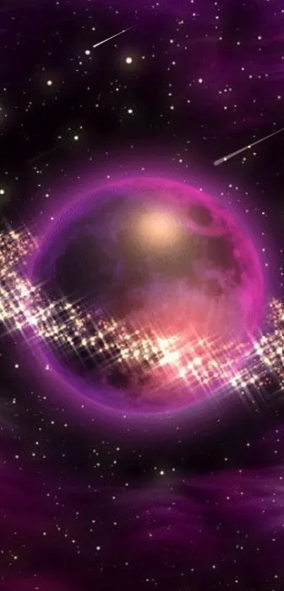 Purple cosmic planet mobile wallpaper with starry sky.