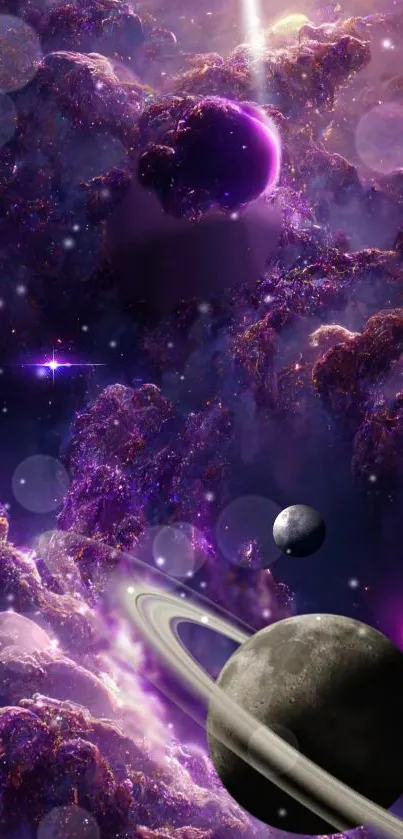 Purple cosmic space wallpaper featuring planets and nebulae with a stunning view.