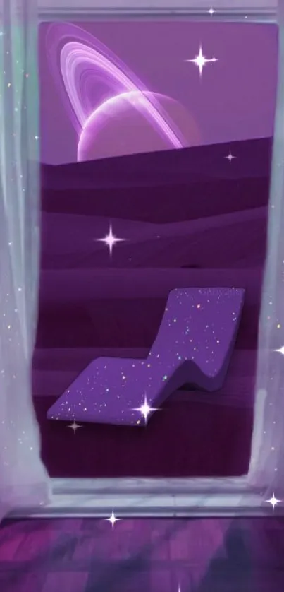 Surreal purple landscape through a window with cosmic sky.