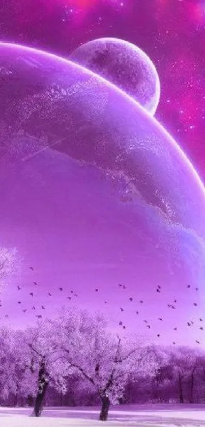 Purple cosmic winter landscape with planets and frosty trees.