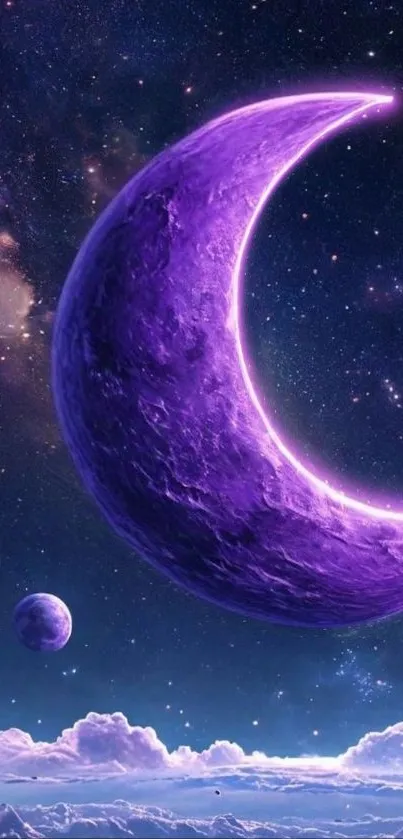 Purple crescent moon in a starry galaxy background.