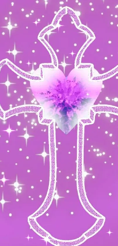 Purple cross with sparkling stars on wallpaper.