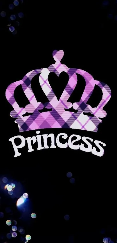 Purple plaid crown with 'Princess' text on black background.