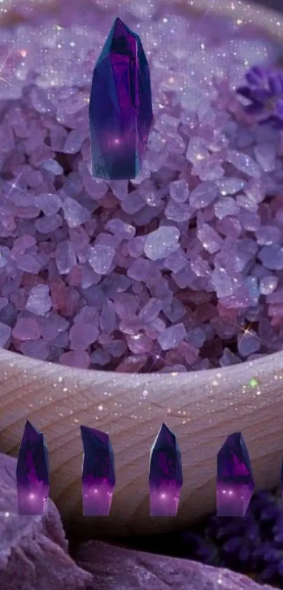 Purple crystals with sparkles enhance phone wallpaper.