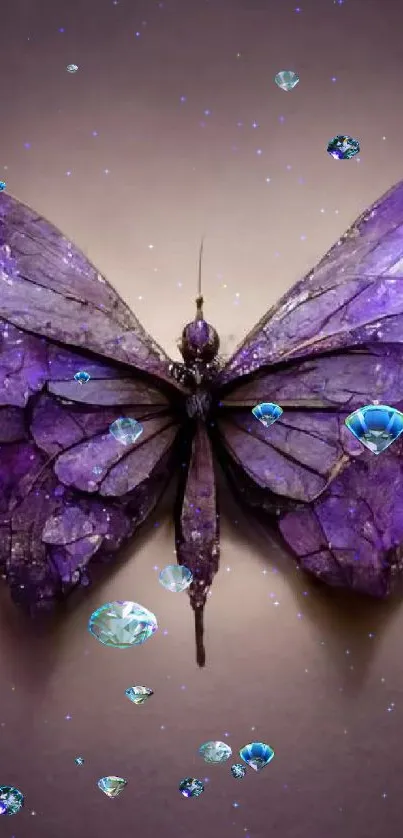 Purple crystal butterfly with intricate gemstone design on a mobile wallpaper.