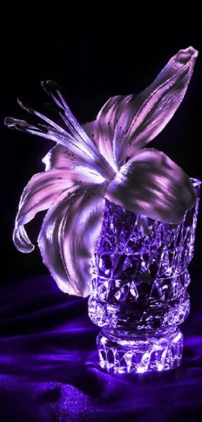 Glowing purple flower in crystal vase mobile wallpaper.