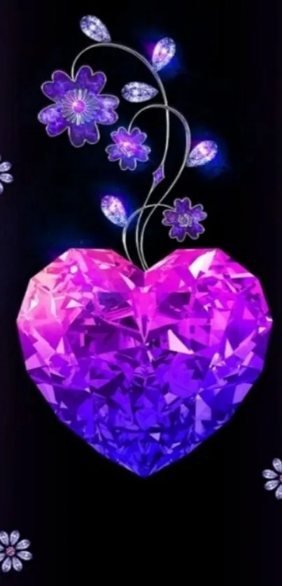 Purple crystal heart with floral accents on dark background.