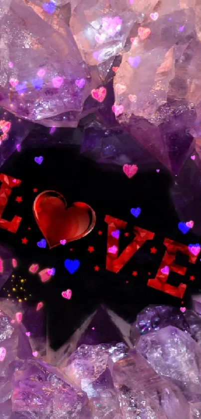 Purple crystal wallpaper with 'LOVE' text in red inside a geode.