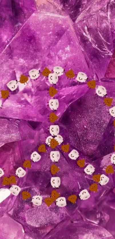 Mobile wallpaper with purple crystals and peace symbol.