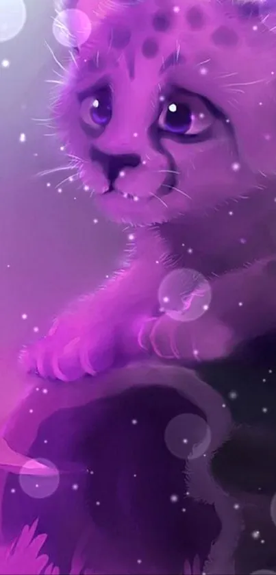 Fantasy art wallpaper of a purple cub in a dreamy landscape.