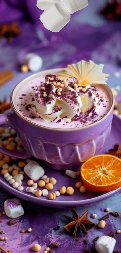 Purple-themed coffee cup with orange slice and vibrant decor.