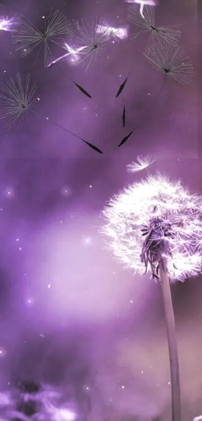 Purple dandelion dreamscape wallpaper with serene vibe.