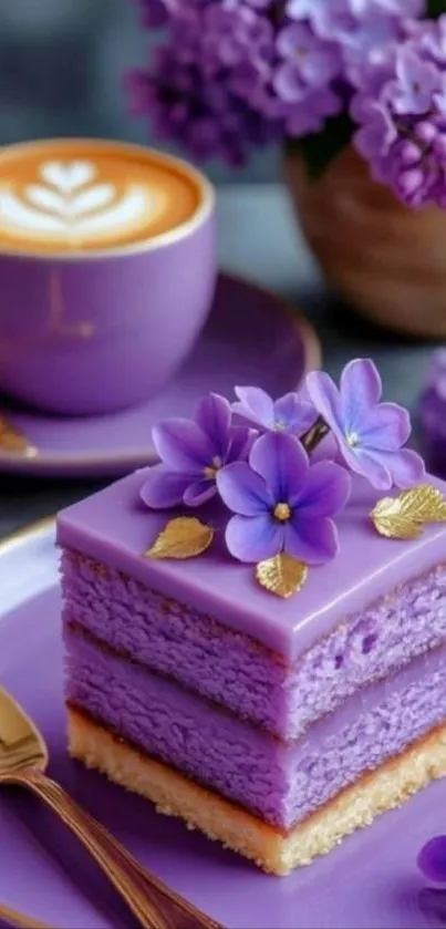 Purple-themed cake and coffee with floral decorations on a plate.