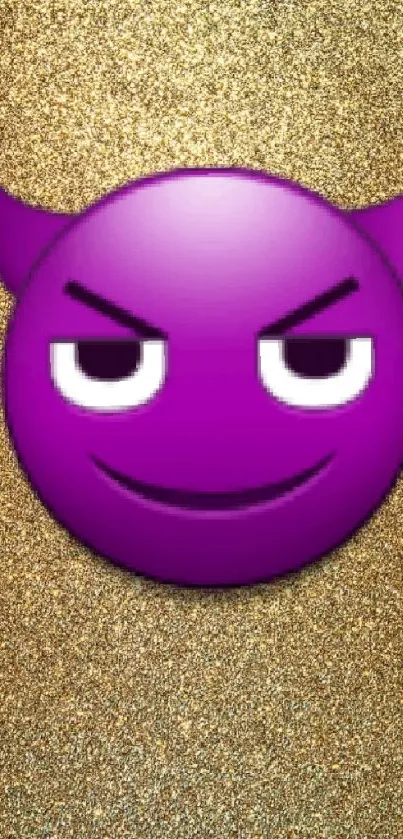 Purple devil emoji on a gold glitter background wallpaper.