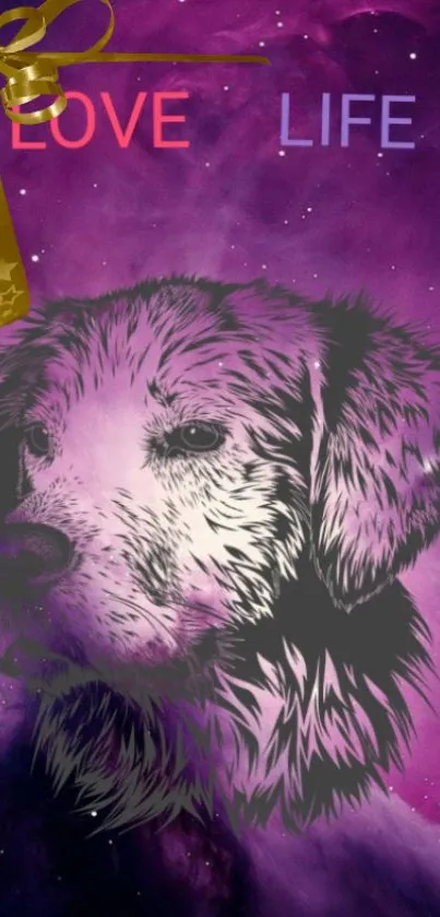 Purple wallpaper with dog art and 'Love Life' text.