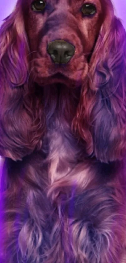 Purple dog with flowing fur on a vibrant background.